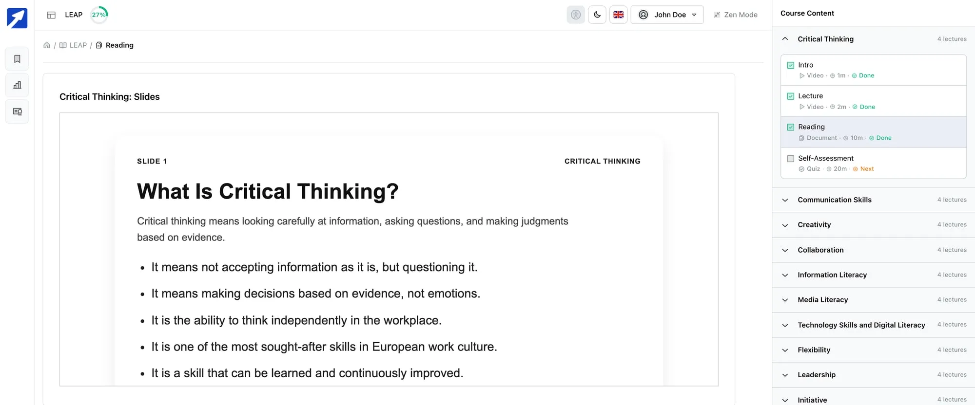 A reading lesson in the portal: a slide titled What Is Critical Thinking, with the list of lessons and skills beside it.