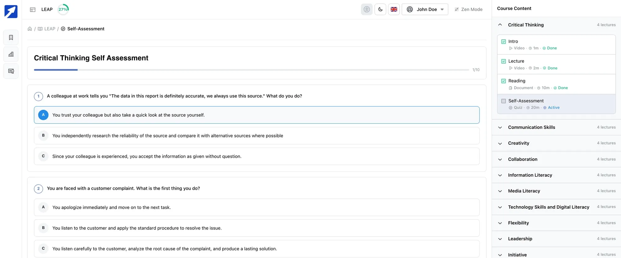 A self-assessment in the portal: multiple-choice questions about situations at work.